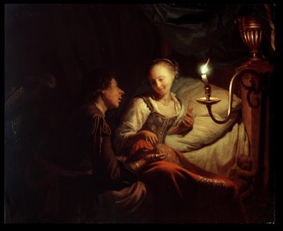 Een kaarslichtscène: een man biedt een gouden ketting en munten aan een meisje zittend op een bed door Godfried Schalcken